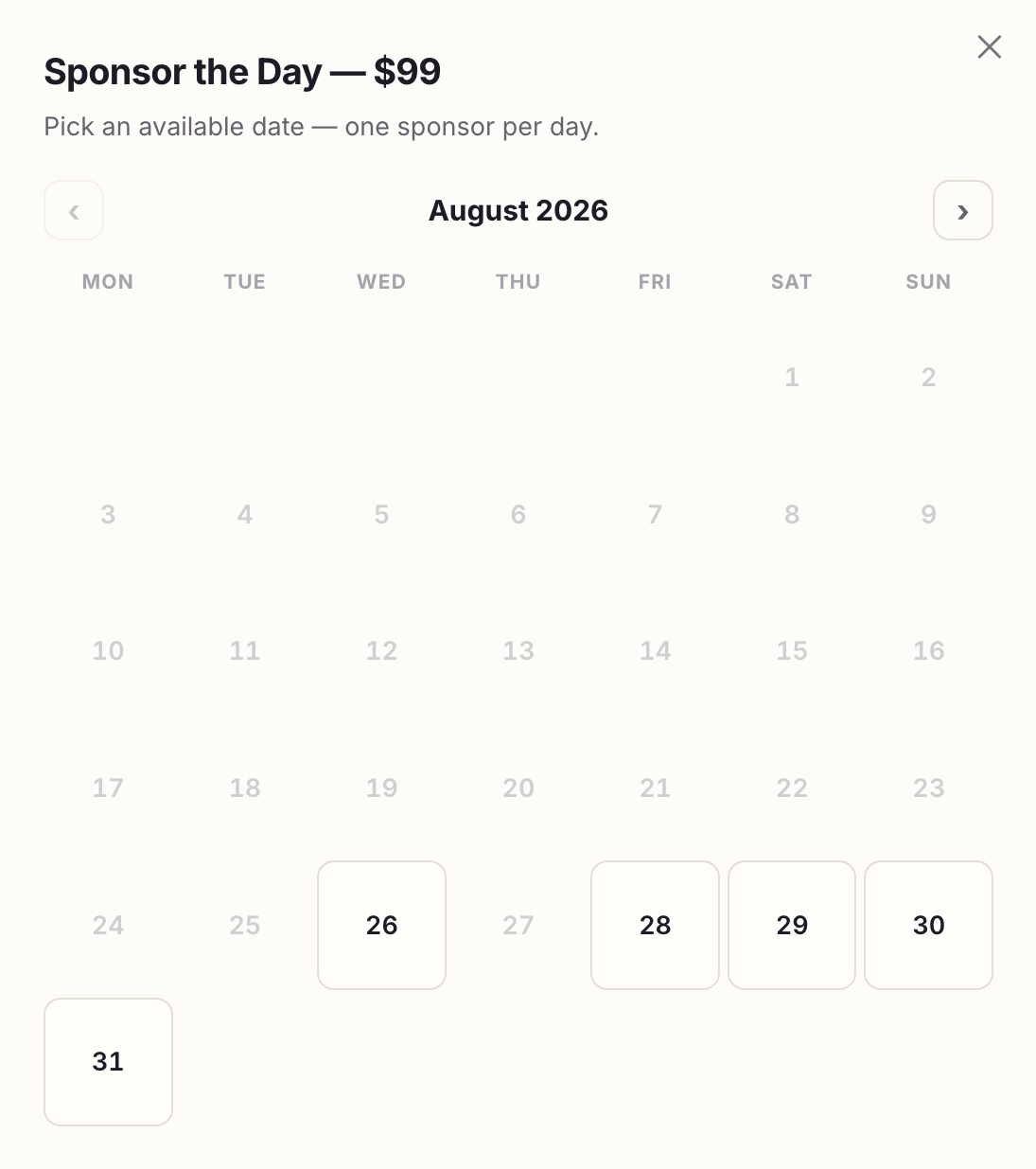 The booking dialog with a monthly calendar of available dates