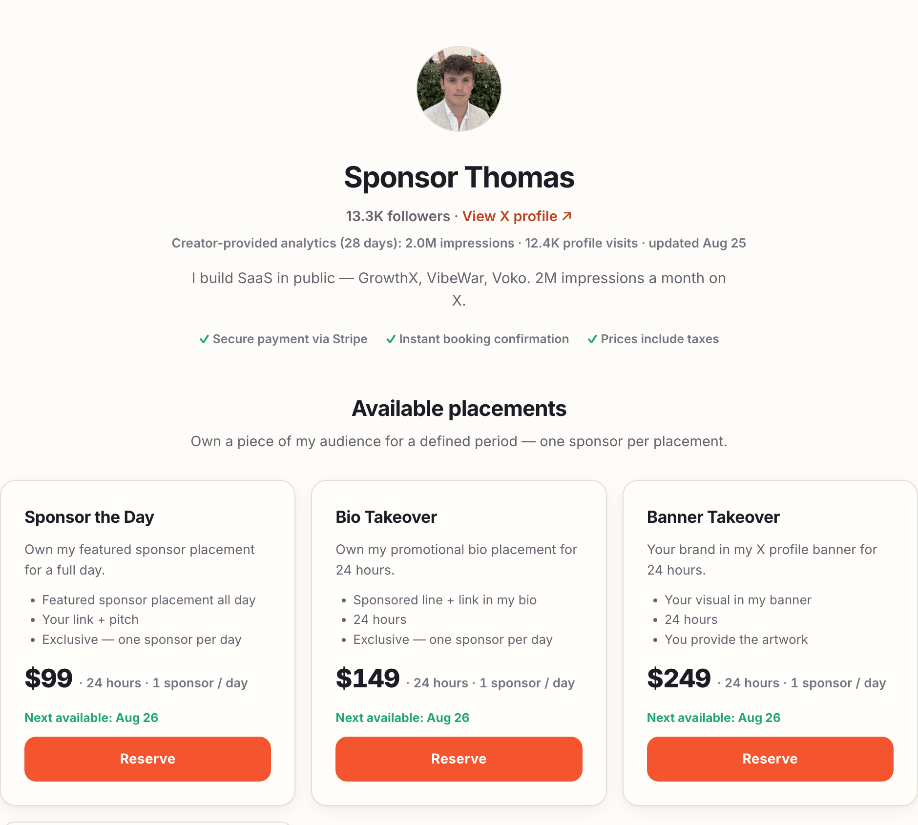 A creator's public sponsorship page: profile, three offers with prices and next available dates, and Book buttons