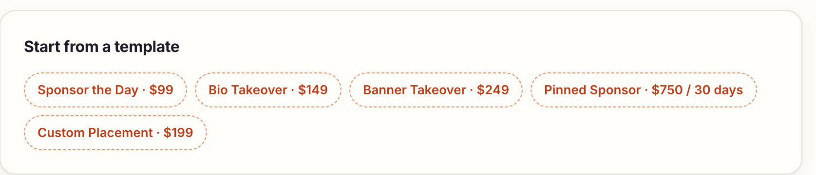 Offer templates: Sponsor the Day $49, QRT $150, Sponsored Post $250, Profile Spotlight, Bio Link, Banner Takeover, Custom Bundle