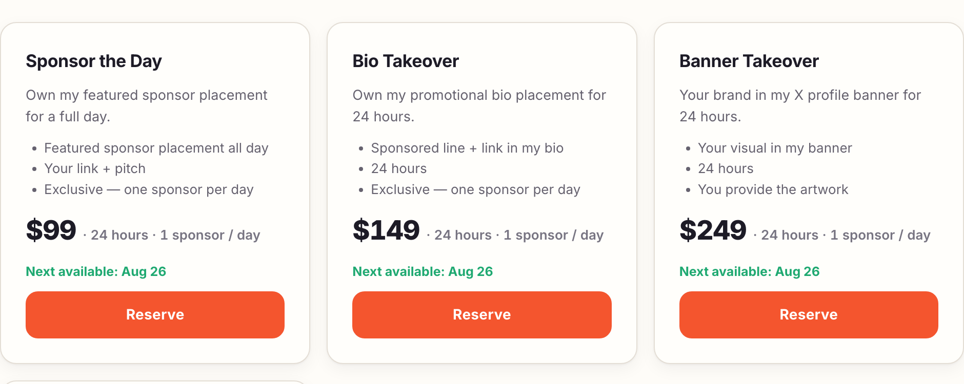 Offer cards with prices and Book buttons on the public page